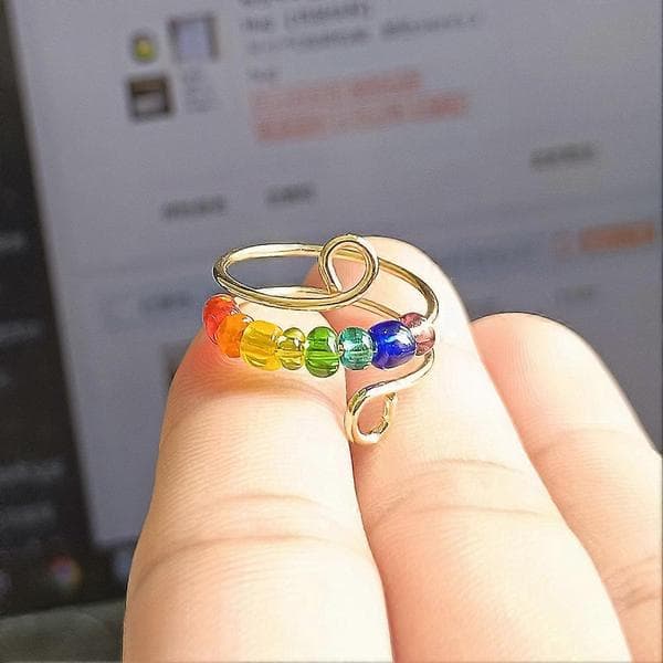 Justerbar angstring roterende ring med perler regnbueperler damer dekompression Golden Box