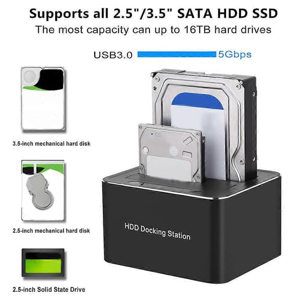 SATA USB3.0 hårddiskkabinett 2 diskar bas 5 Gbps supersnabb duplicator klon UK