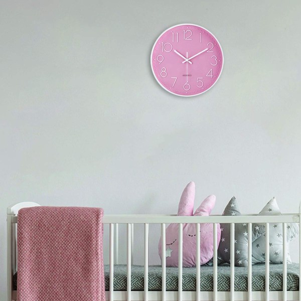 Moderni vaaleanpunainen seinäkello 12 tuuman äänetön lapsille Tikittämättömät kvartsikellot 3D-numeroilla olohuoneen sisustukseen Makuuhuone
