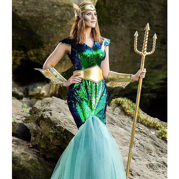 Oldgræsk Poseidon Cosplay Sea Sirene Havfrue Dronning Kostume Halloween Fancy Dress Karneval Kostume Til Mænd Kvinder Women XL