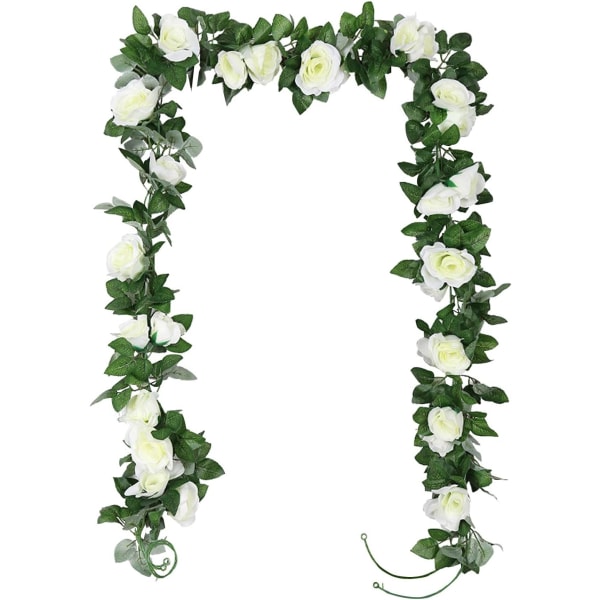 2-pack konstgjorda rosenrankor Garland falska blomma växter konst hängande dekoration för utomhus inomhus trädgård (vit)