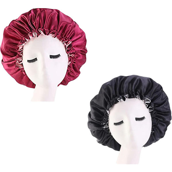 Kvinnors Dubbellagers Satin Bonnet Sovhatt för Långt Lockigt Hår 2 Färg Reversibla Justerbar Silkesatin Mössa Extra Stor (2PC-svart+röd)