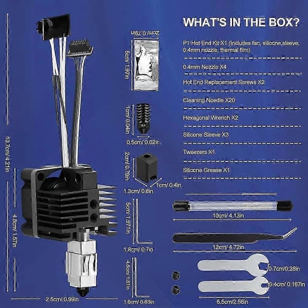 Bambu Lab P1P/P1S Hotend Kit, 3D-printer komplet samlet hotend med blæser, hærdet stål 0,4 mm dyse høj hastighed