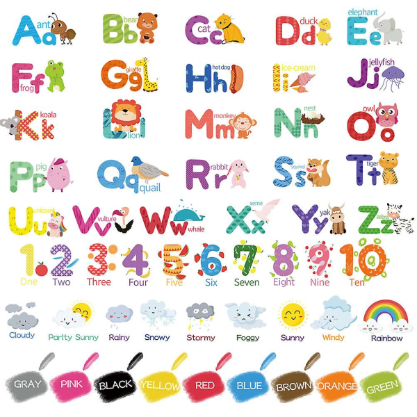 9 ark vægklistermærker Alfabet Nummer Farve Vejret Læring Pædagogiske vægdekaler