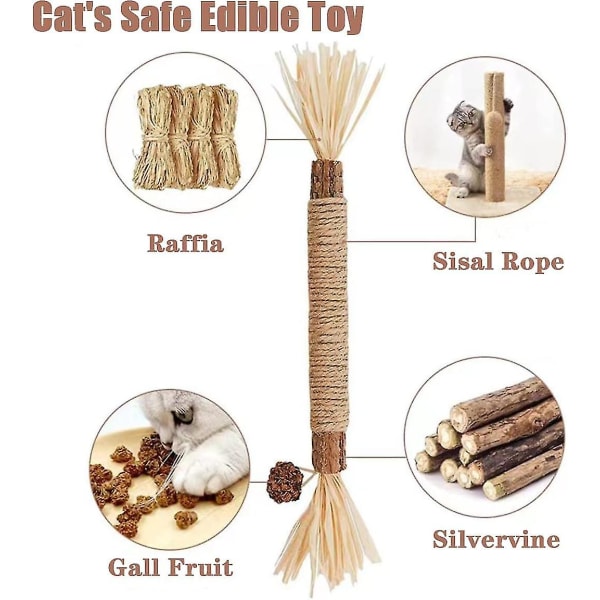 4 stk. tyggestokke, naturligt kattetyggelegetøj, katteurt-legetøj til katte, kattestokke, kattetænder nip, kattetandrensning, killingetænder og stressaflastning