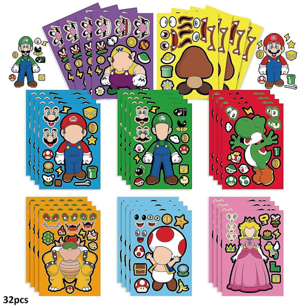 32 stk gør det selv Super Mario Bros Make-a-face Stickers Pack,tegnefilm sjove klistermærker Decals Håndværkssæt Børnelegetøj til festdekoration,belønningsgaver