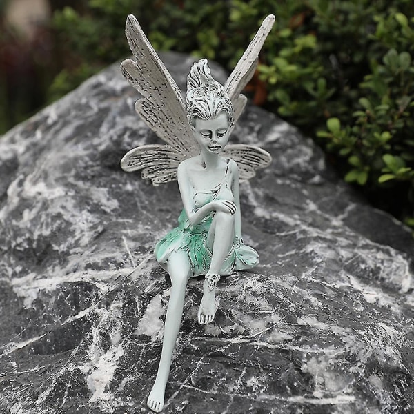 Siddende Fairy Statue Med Wing Resin Ornament Have Flower Alf Sculptures Decor