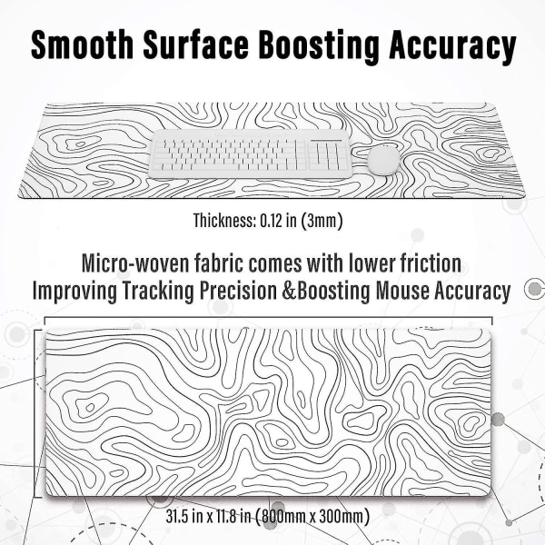 Stor gaming musemåtte med syede kanter, minimalistisk topografisk kort bordmåtte, forlænget Xl musemåtte med anti-slip base, cool bordpude til tastatur