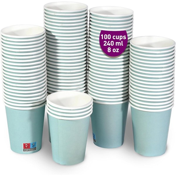 QU*100 x 240 ml blå papirkrus, slidstærkt kartonpapir, robuste engangskrus til fester og arrangementer