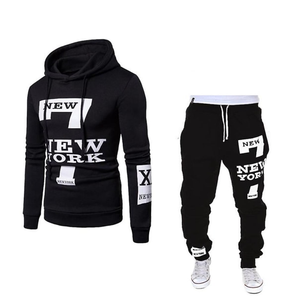 Herre Træningssæt Trykt Slim Fit Langærmet Hættetrøje Sweatshirt Bund Jogger Bukser Sportstøj Black M