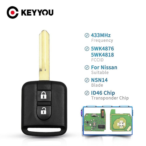 5wk4 876/ 818 433mhz Id46 Chip Nøgle Fob Til Nissan Elgrand X-trail Qashqai Navara Micra Note Nv200 2 Knapper Fjernbetjening