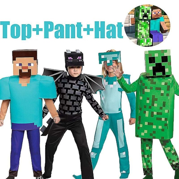 Minecraft Cosplay Maskeraddräkt för Barn Pojkar Flickor Festdräkt Presenter BlackBlueTop  Pant  Cap S 3-4Y 105-115cm