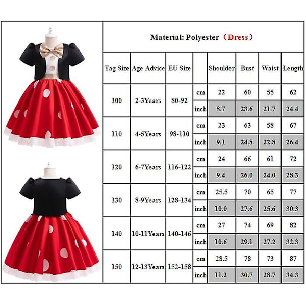 2-13 år Piger Minnie Kjole Polka Dot Sløjfe Dekoration Prinsesse Festkjole Gaver 8-9 Years
