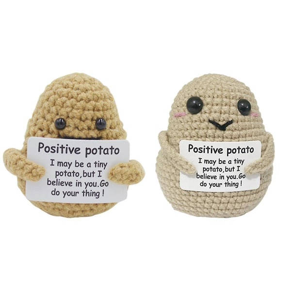 2 stk. Positive kartoffel-ministrikkede kartoffeldukker med positive bekræftelseskort, håndlavet uldplyslegetøj
