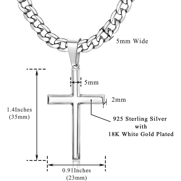 925 Sterling Silver Korshänge Halsband 5mm Rostfritt Stål Diamantslipad Kubansk Kedja Kors Halsband 41/46/51/56/61/71/76cm