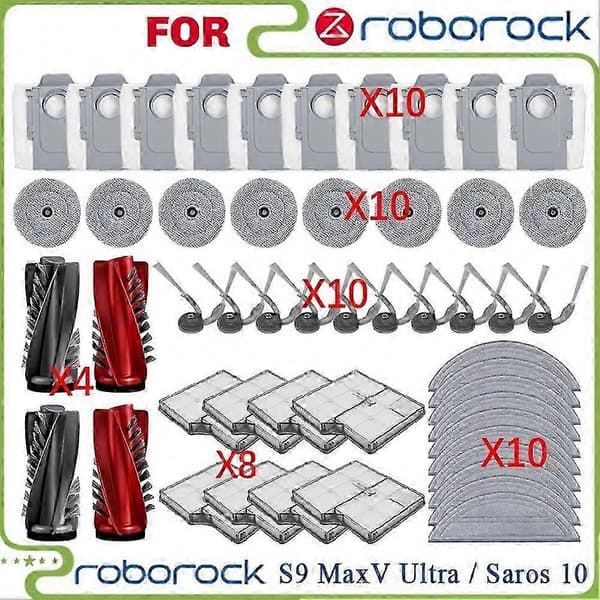 Roborock Saros 10 -varaosat: sivuharja, Hepa-suodatin, pölypussit, moppitarvikkeet