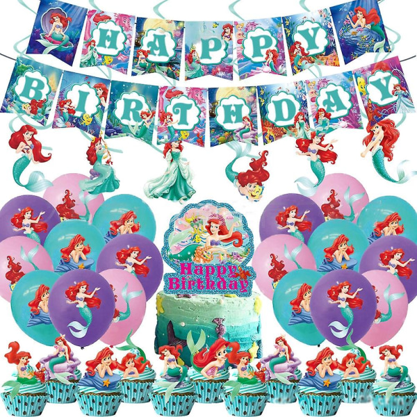 Prinsesse Ariel-tema bursdagsfestdekorasjon, havfruefestutstyrssett inkluderer gratulasjonsbanner, kake/cupcake topper, ballong, hengende virvler