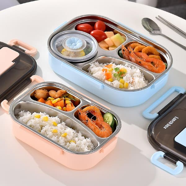 1 sæt Bento Box Multi-Grids Design Bærbar madkasse i rustfrit stål med forseglet låg til Pink 1
