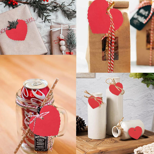 Hjärtformade Presentetiketter i Kraftpapper, 100 st Etiketter för Alla Hjärtans Dag, Bröllop, Födelsedagsdekorationer, med Rött och Vitt Snöre (Röd)