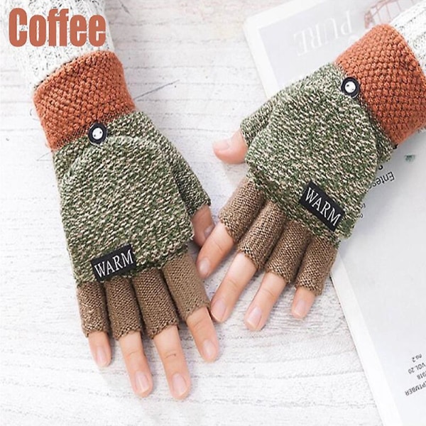 Lämpimät talvikäsineet naisille Flip-käsineet paksuuntuvat villaa neulotut huopakäsineet Sormettomat käsineet coffee