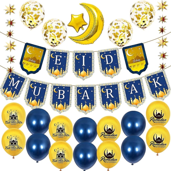 Eid Mubarak Ramadan dekorationer, Eid Mubarak Banner hængende hvirvellatexballon, folieballoner og konfettiballoner til Ramadan Kareem Party Decorati