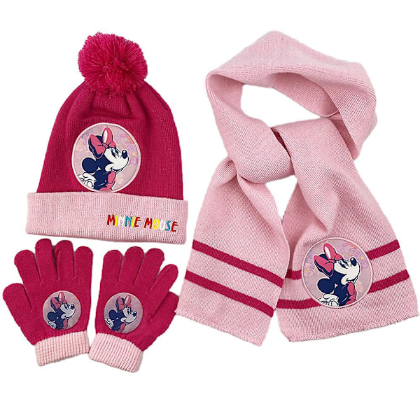 Barne jenter frosne Elsa Anna Minnie Print strikket lue lue + skjerf + hansker vinter varm sett D
