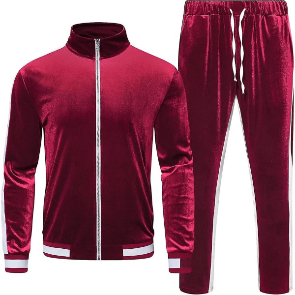 Velour träningsoverall Sweatsuit Sammet: jogging träningsdräkt för män 2 delar Set Zip Up Sweatshirts Jacka Byxor med fickor Red Large