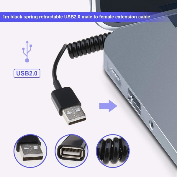 USB 2.0 uros-naaras -spiraalisovitinkaapeli 3M tiedonsynkronointilataukseen