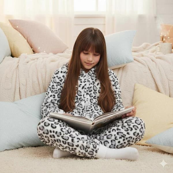 Leopard Snø Jumpsuits Myke Fleece Pyjamaser for Jenter og Gutter Alder 3-14 År Leopard Snow 9-10 Years