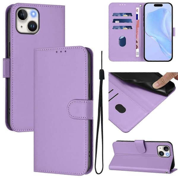 Solid farve tegnebog læder telefoncover med rem til iPhone 15 - Nude Multicolor Lavender