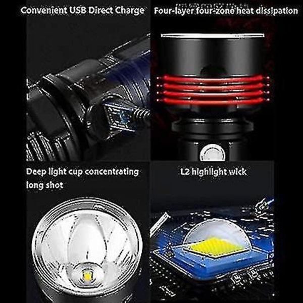 30000-100000 lumen hög power LED vattentät ficklampa, superljus, uppladdningsbar ficklampa 2008-P70 ficklampa + USB kabel (batteri ingår ej)