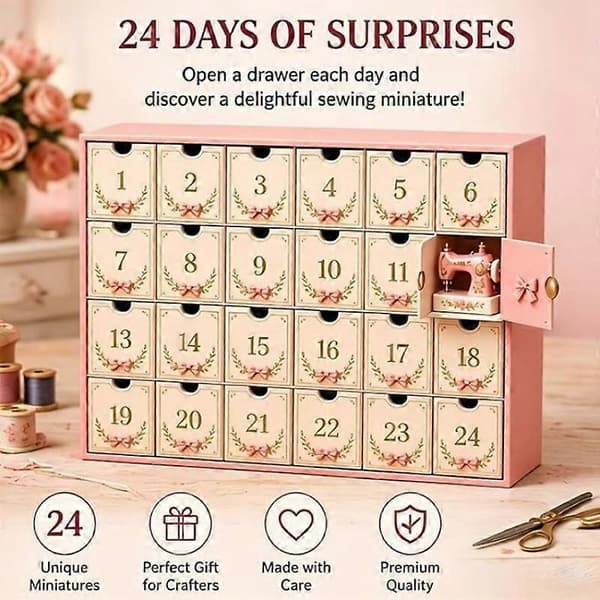 Jule-adventskalender med sy-tema – Med 24 skuffer og små samlerobjekter i blind-box (2D-version)
