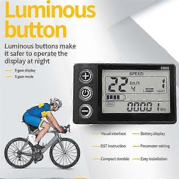 24V 36V 48V 60V S866 Controller Panel Dashboard Vandtæt 6PIN Elektrisk Cykel LCD Display til Elektrisk E-cykel Scooter Black