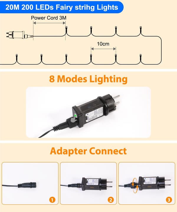 20m 200 LED String Lights - IP44 Waterproof with Remote Control and Memory, 8 Modes and Timer - Warm White for Garden, Wedding, Christmas and [YJD]