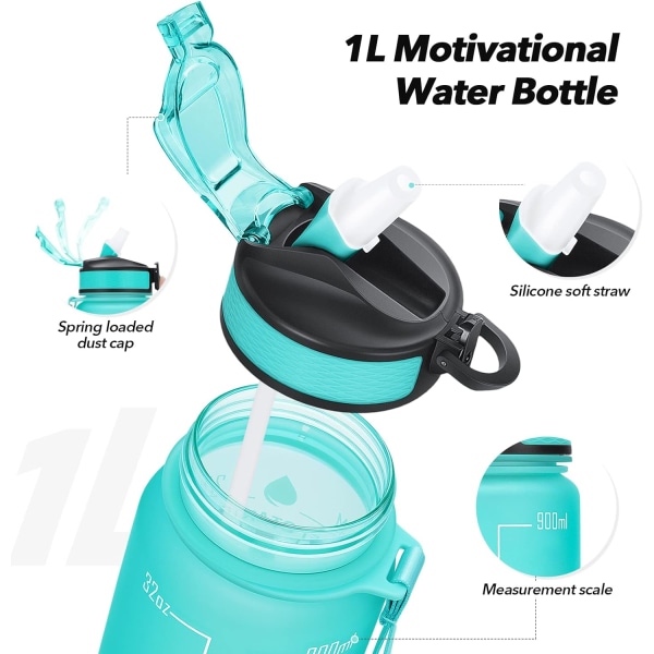 1 liter Motivational Fitness Sport vandflaske med halm & Time Maker, Lækagesikker