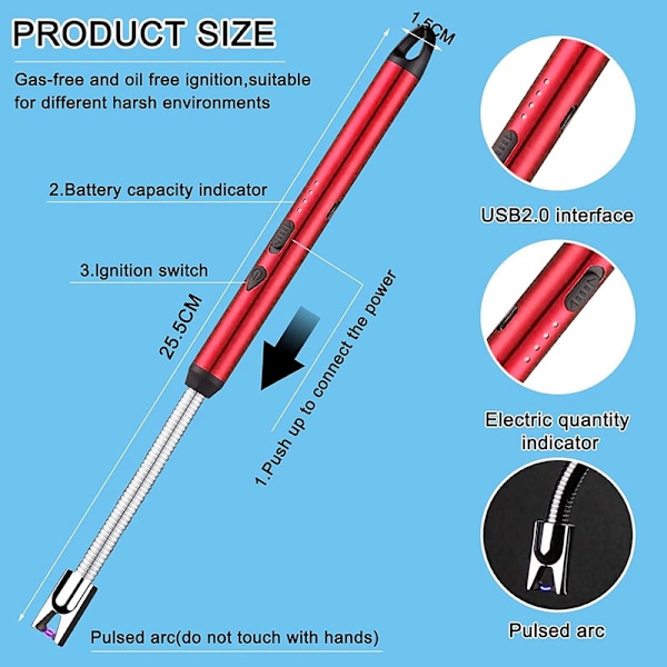 Elektrisk lighter, USB-opladelig buelighter, lang rækkevidde lighter til grill, køkken, komfur og camping (rød) Red
