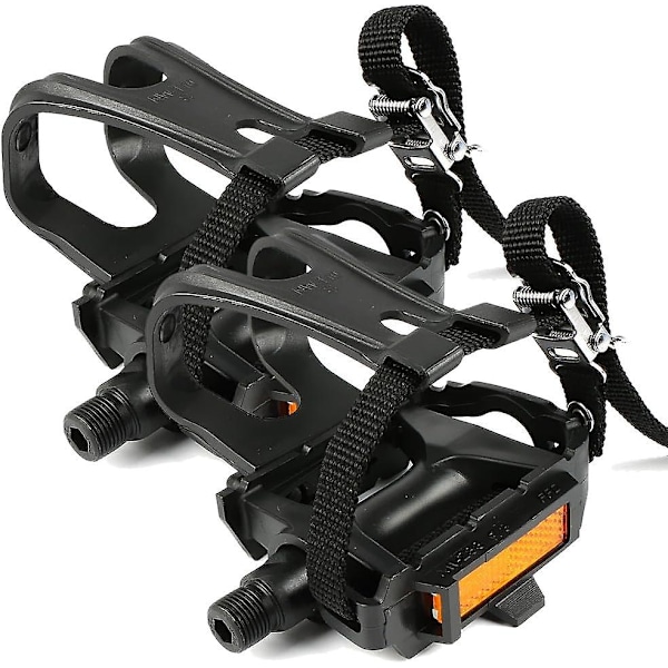 1 pair of bicycle pedals with toe clips and straps, used for fitness bikes, spinning bikes, and outdoor bikes, 9/16 inch spindle bicycle pedals, blac