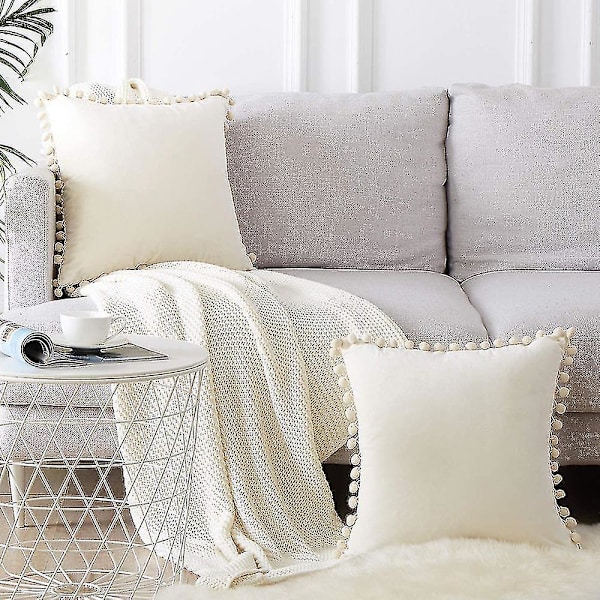 Kuddfodral med pom-poms, mjuka partiklar, sammet, enfärgade, 45x45cm, för soffa, sovrum, bil, 2-pack