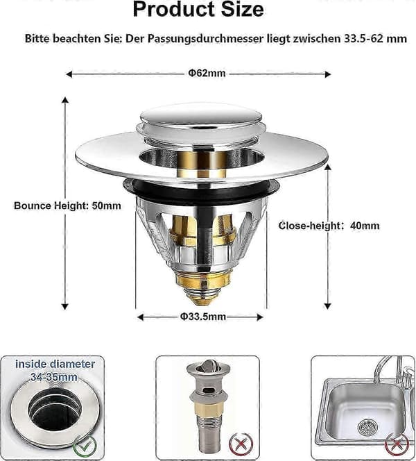 Universal afløb til vask i rustfrit stål til 32 og 38 mm vaskepropper (1 stk.)
