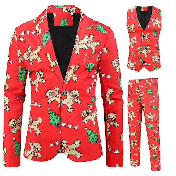 3-deliga juldräkter för män 2024 - Regular Fit med snöflinga och snögubbe-tryck - Blazer, byxor och väst - Herrkostymset för jul 25 4XL