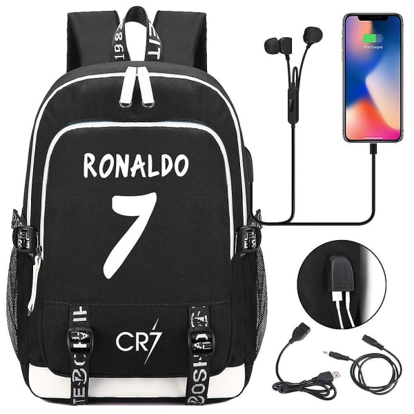 Cr7 Nylon Vanntett Student Bag Tenåring Trykk Skoleveske Usb Lading Lytt Til Musikk Ryggsekk Bærbar Ryggsekk