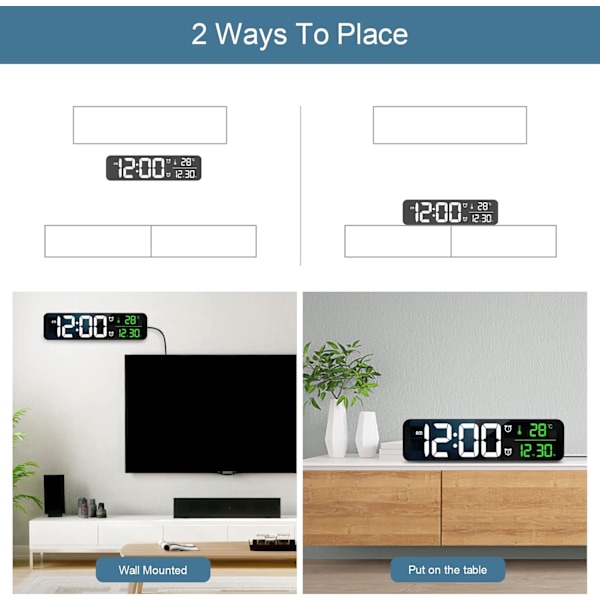 Digital Klocka Stor Display, Vägg Vardagsrum Temp & Datumvisning Elektroniska Klockor, LED Spegel 40 Musik, 2 Alarm, 6 Ljusstyrka Dimmer, 4 Volym black