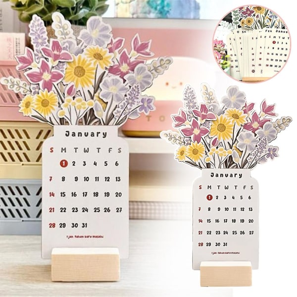 2024 Bloomy Flowers skrivebordskalender, kreativ blomsterskrivebordskalender, blomsterkalender, træbund, indretning til hjemmekontor