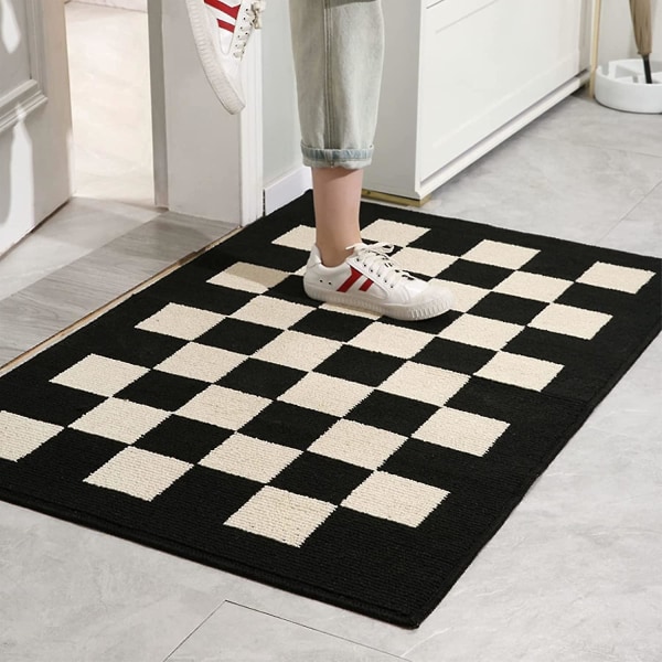 Svartvitrutig dörrmatta för inomhusbruk, 50 cm x 80 cm, halkfri, tvättbar, rutig entrématta, svart