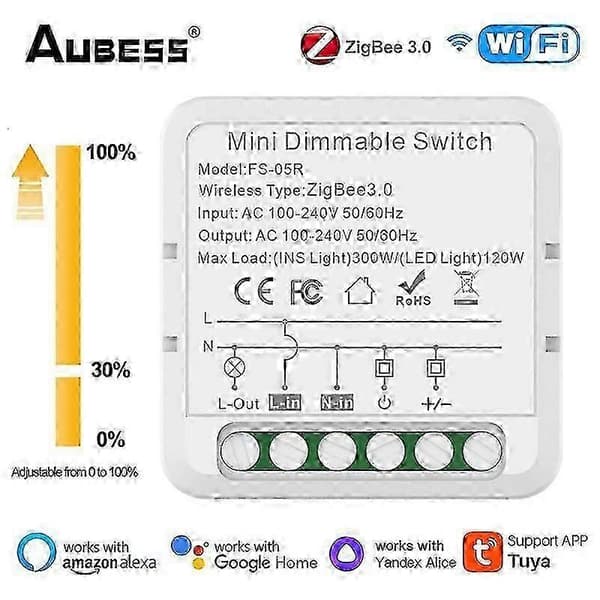 ZigBee och WiFi Smart Dimmerbrytare med 2-vägs kontroll för belysning, kompatibel med röstassistenter och appkontroll