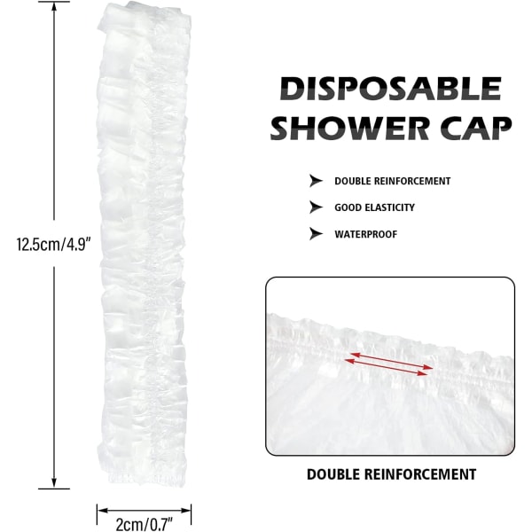 100 STK engangs dusjhetter, elastisk badehette i plast for hjemmebruk, hotell, spa og frisørsalong