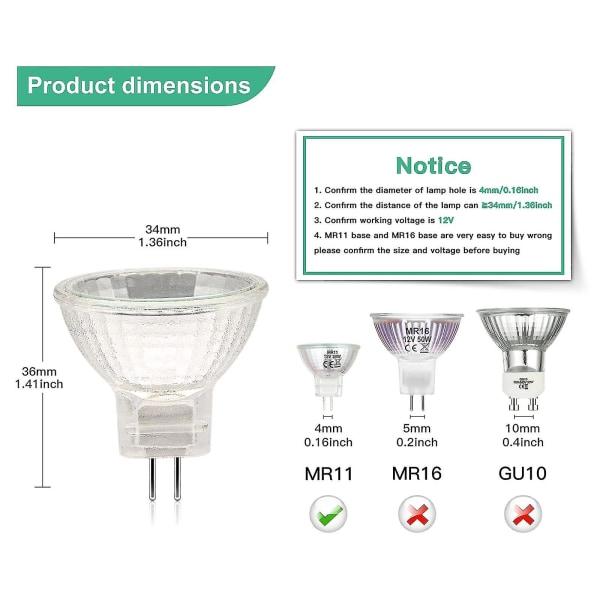 Mr11 Halogenpærer (pakke med 12), Gu4 Halogenlampe 12v 20w, Mr11 Gu4 Dæmpbar Pære Glasdæksel Til Loftslampe, 2 Pin Halogenpære 2700k Varm Hvid