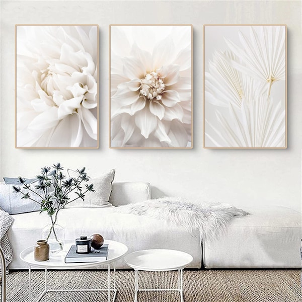 Set med 3 affischer, vita rosblommor bilder, moderna canvastavlor, utan ram, boho tavla set, väggdekoration för vardagsrum, sovrum 40*50cm