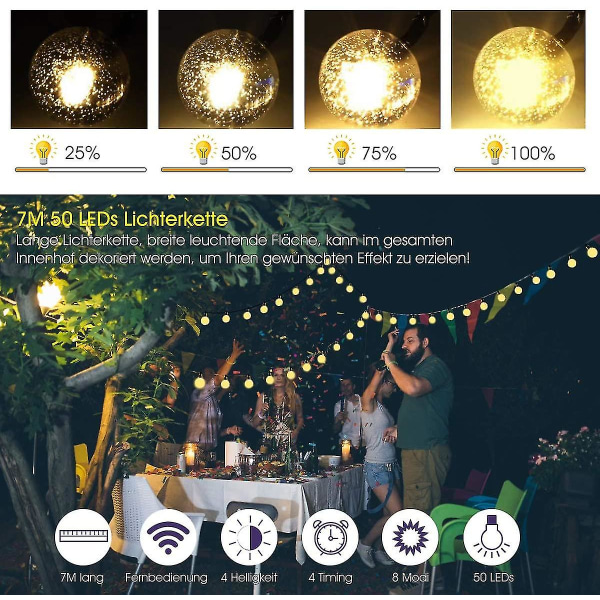 Super lång solljusslinga 7m 50 led varmvit kristallkula Ip65 vattentät 8 lägen med fjärrkontroll, 14-30 timmar, trädgårdsdekoration, gardin