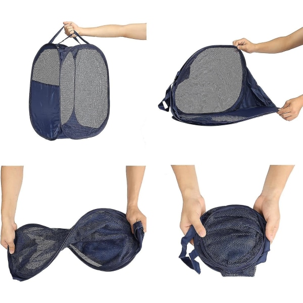 Pop-up-kurv, sammenleggbar pop-up-mesh-kurv med forsterkede bærehåndtak, vasketøyskurv blå, pakke med 2